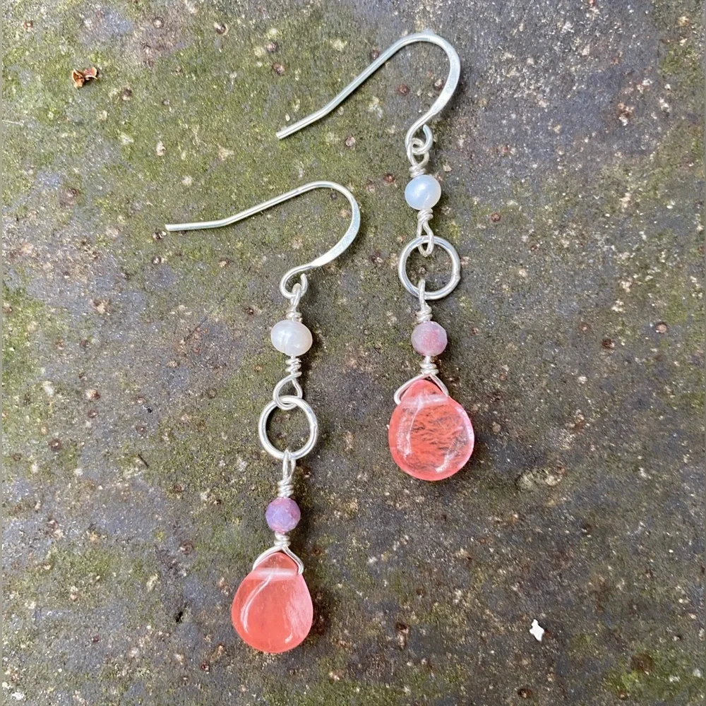 Silver and Strawberry Quartz Drop Earrings - Picture 5 of 6